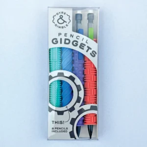 4 pack of colorful pencil gidgets and 2 mechanical pencils, shown in box