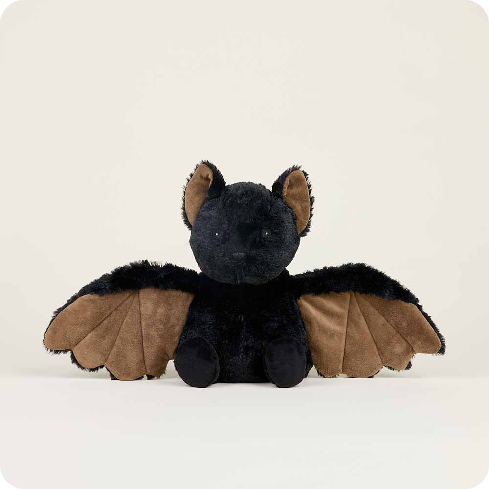 black bat stuffie with wings outstretched, brown fur inside wings and ears