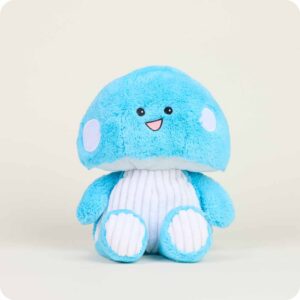 turquoise blue toadstool stuffie with mushroom cap shaped head, arms and legs