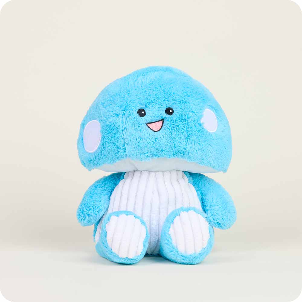 turquoise blue toadstool stuffie with mushroom cap shaped head, arms and legs