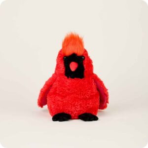 bright red cardinal stuffie with black feet and black face, plastic black eyes and red beak