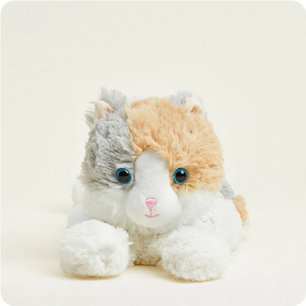 calico cat stuffie in cream, grey and light orange fur