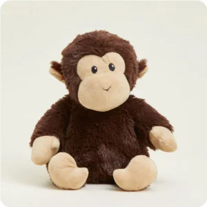 seated chimp stuffie with dark brown fur and tan fur on hands, feet and face