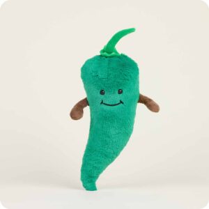green chili stuffie with green stem, brown arms, and black embroidered eyes and smile