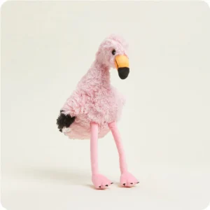 flamingo stuffie with long pink legs, fluffy fur body and long orange beak with black tip