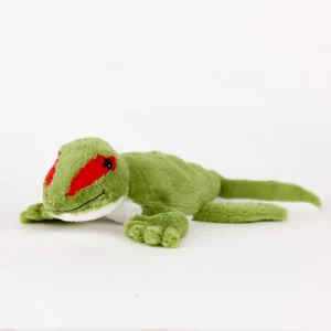 Green gecko stuffie with red stripe around each eye, a stitched black smile, white fur on chin and belly and a long tail