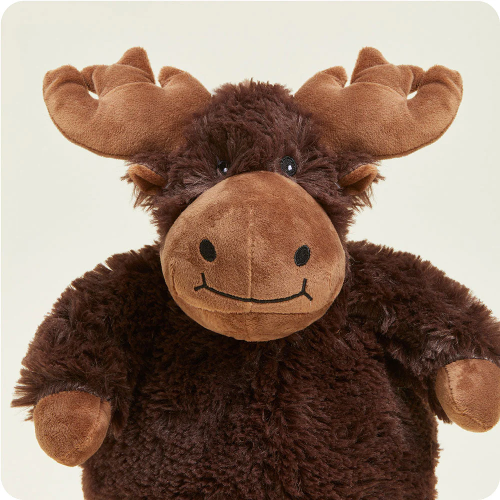 close up of face with shorter brown fur and antlers, nose and hooves. embroidered nostrils, eyes and smile
