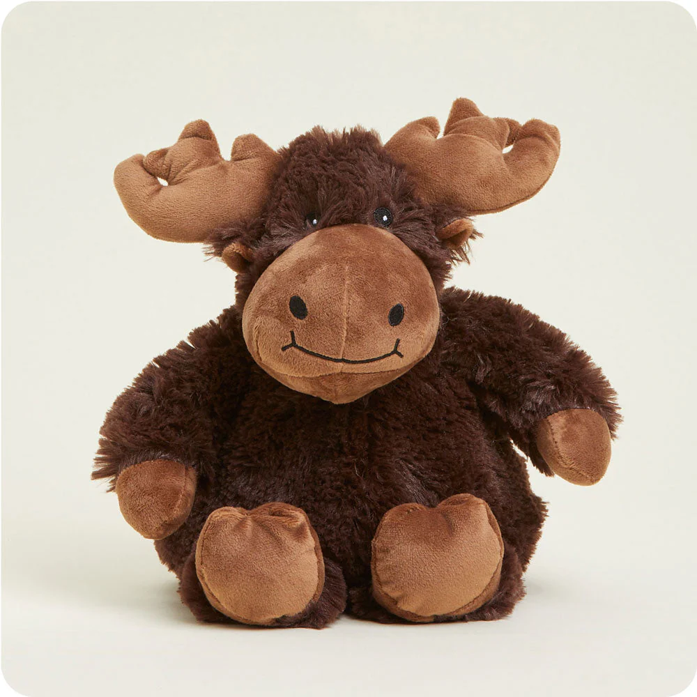 seated moose stuffie with dark brown fur and lighter brown antlers, hooves and nose
