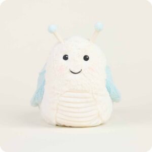 front of cream colored snail with baby blue shell, variegated fur on belly, black embroidered eyes and smile