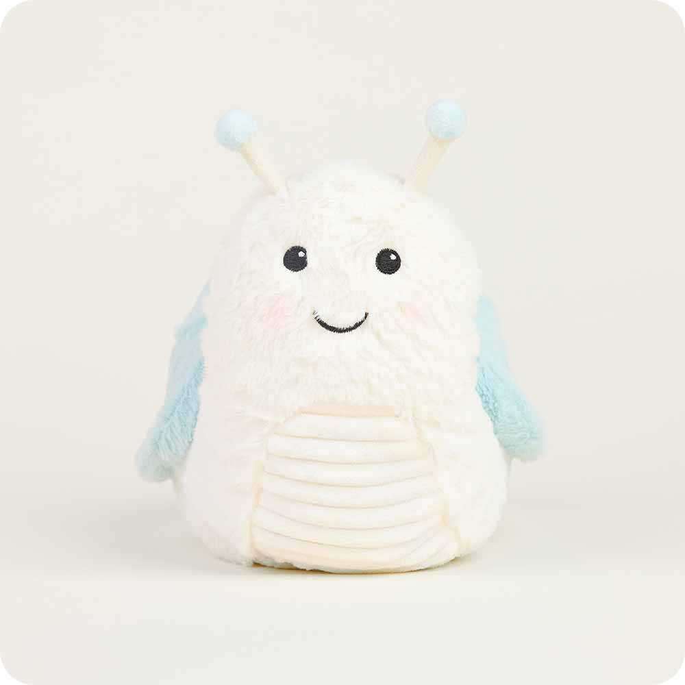 front of cream colored snail with baby blue shell, variegated fur on belly, black embroidered eyes and smile