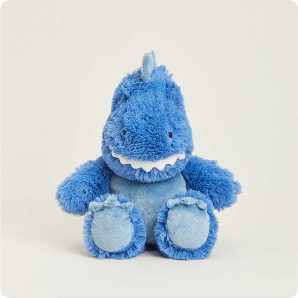 t rex dinosaur stuffie with blue fur, white teeth, light blue on bottoms of feet and belly