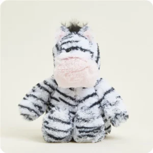 White zebra stuffie with thin black stripes and pink nose
