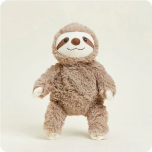 standing sloth stuffie with tan fur, white hands and feet and face