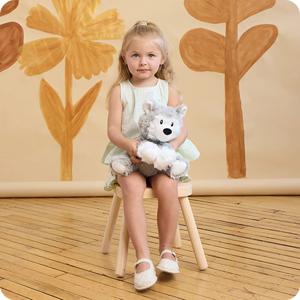 girl holding husky while sitting on a wooden stool