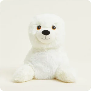 White seal stuffie with black nose and black embroidered eyes