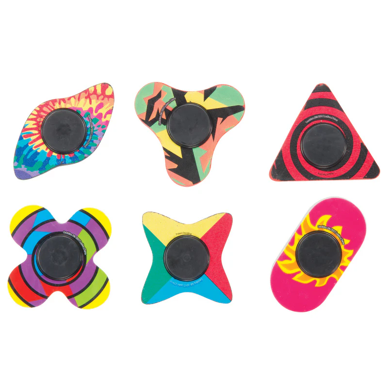 eraser fidget spinners in 6 different shapes and multicolored patterns