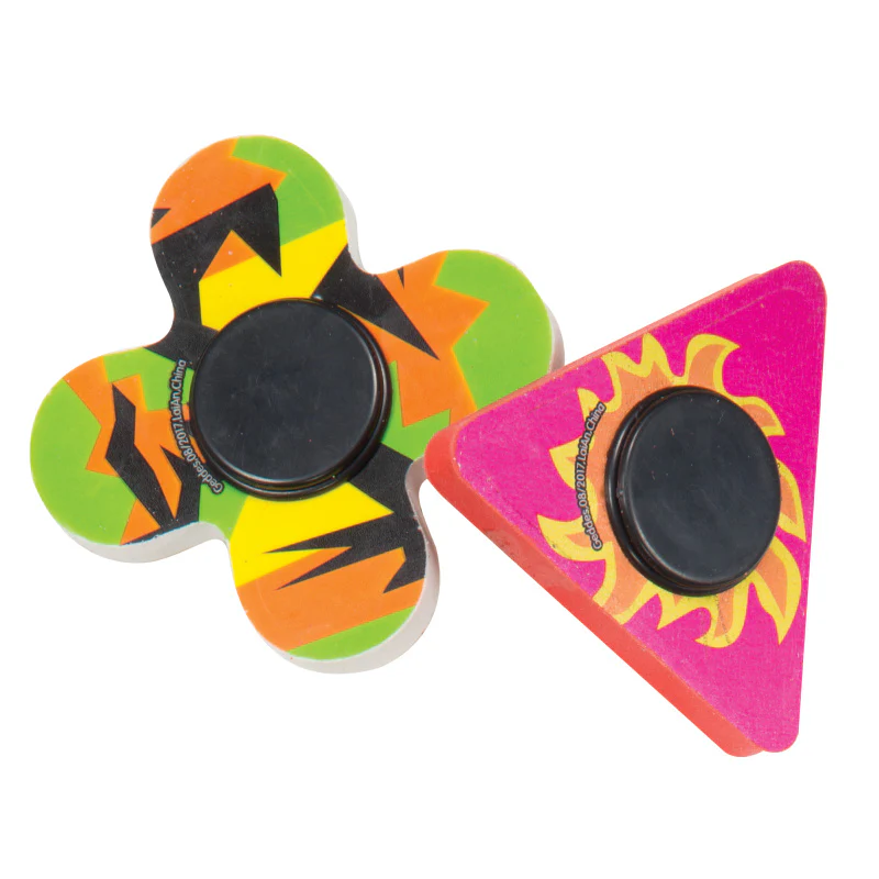 eraser fidget spinners in 2 different shapes and multicolored patterns