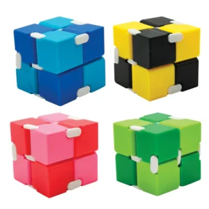 blue and teal, black and yellow, pink and red, and green and lime colored cubes.