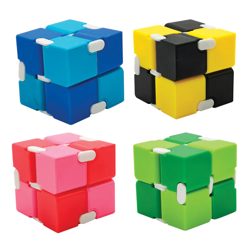 blue and teal, black and yellow, pink and red, and green and lime colored cubes.
