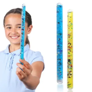 glitter wands, one with blue liquid, the other yellow. both have glitter pieces floating inside