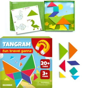 tangram puzzle with different shaped, colorful pieces shown in box and out