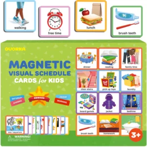 Box of magnetic visual schedule cards show a word and a photo, like free time with an alarm clock