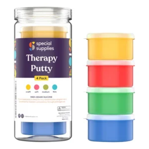 Therapy putty in individual containers of yellow, red, green and blue