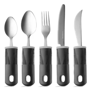 small spoon, big spoon, fork, knife and curved knife with large black plastic handles