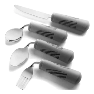 knife, 2 spoons with the necks bent down and a fork with the tines bent downward. all of them have chunky grey plastic handles