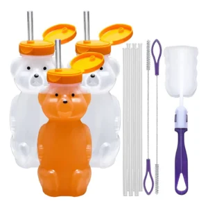 3 bear shaped cups with orange tops and straws, straws, cleaners and bottle brush