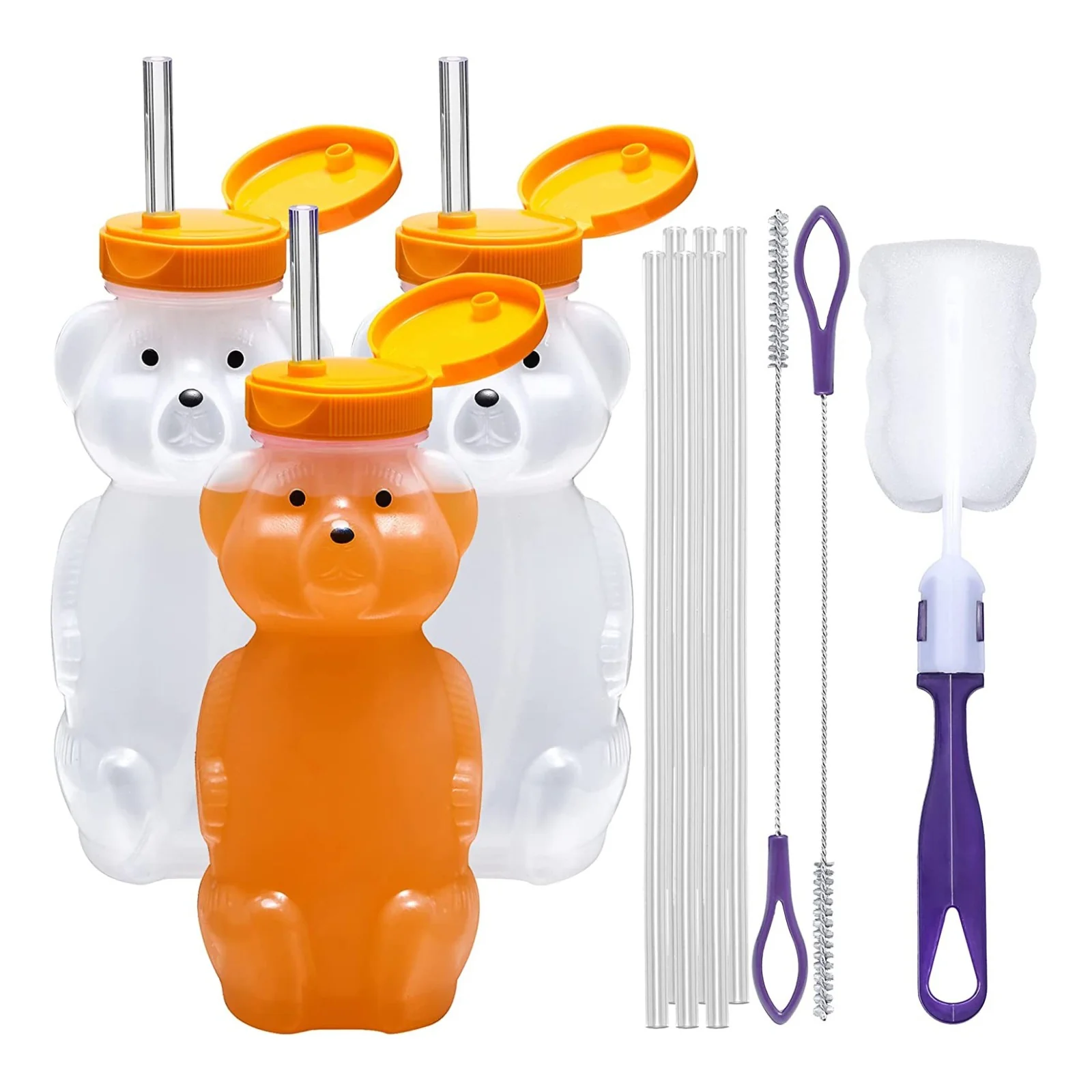 3 bear shaped cups with orange tops and straws, straws, cleaners and bottle brush