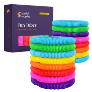 16 pack of accordion folded rainbow tubes that can bend and make noise