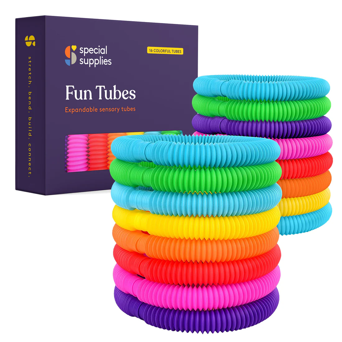 16 pack of accordion folded rainbow tubes that can bend and make noise