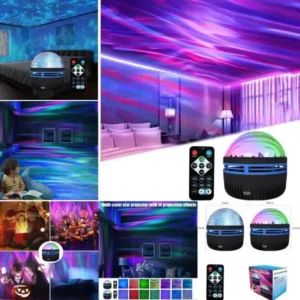 photo collage of small domed light with remote showing different color and texture light in darkened rooms