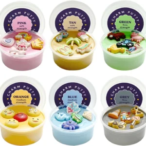 containers of putty with different pastel colors and charms inside