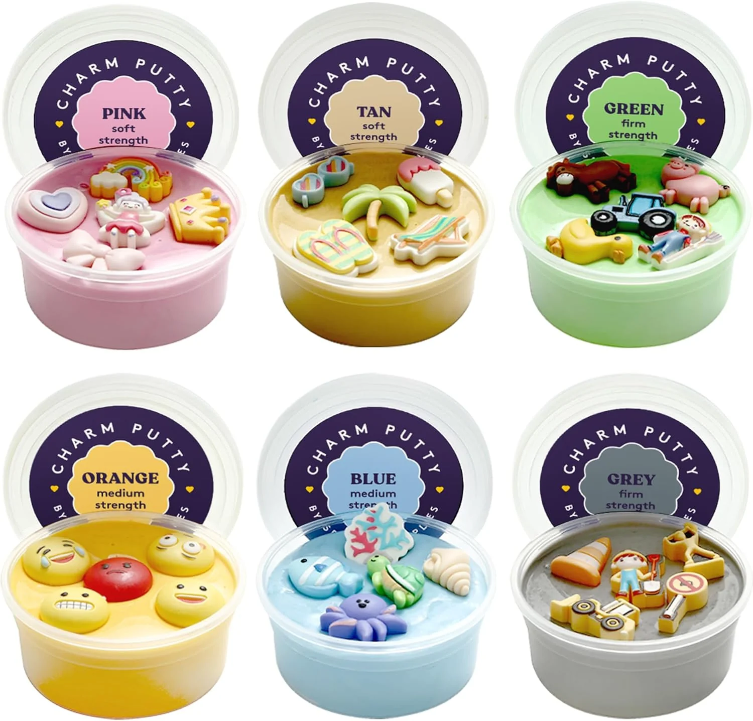 containers of putty with different pastel colors and charms inside