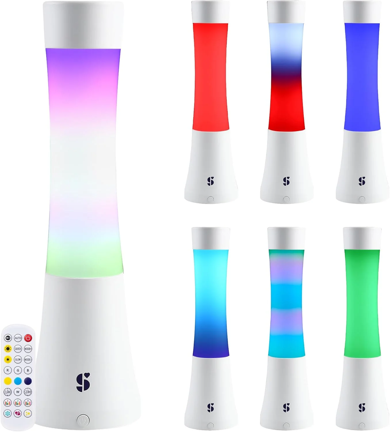 lamp with white base and top and center part that glows different colors and patterns