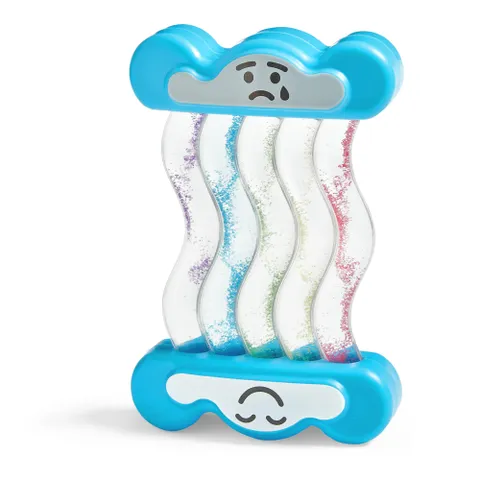 rainbow cloud head on each end, one with a sad face and one with a happy face, with rain glitter inside