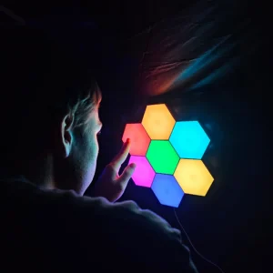 7 colored hexagons shine in different colors in the dark