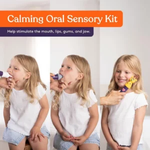 help stimulate the mouth lips, gums, and jaw. shows an adult holding the tool and a child with the tool in mouth and on outside of jaw.