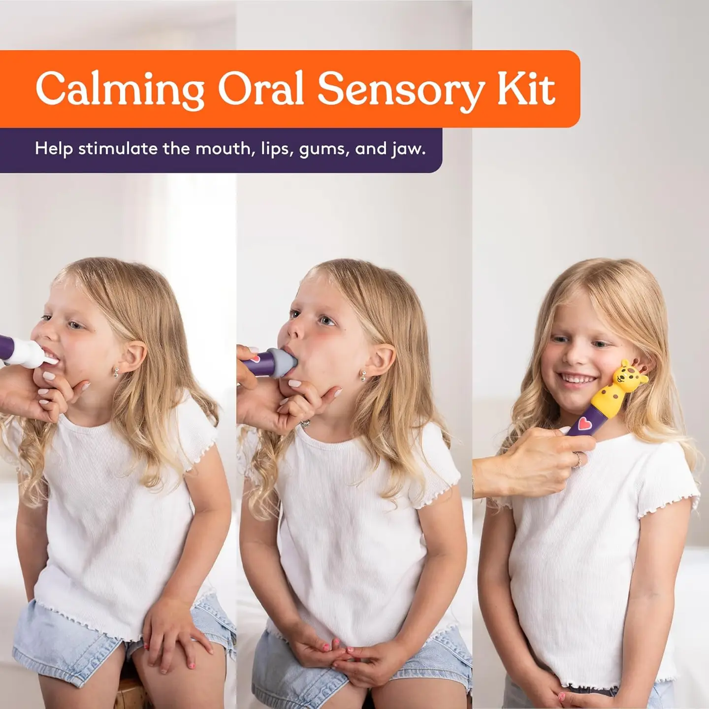 help stimulate the mouth lips, gums, and jaw. shows an adult holding the tool and a child with the tool in mouth and on outside of jaw.