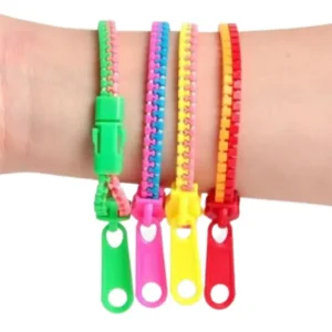 4 bracelets multicolored that look like a zipper with a zipper pull