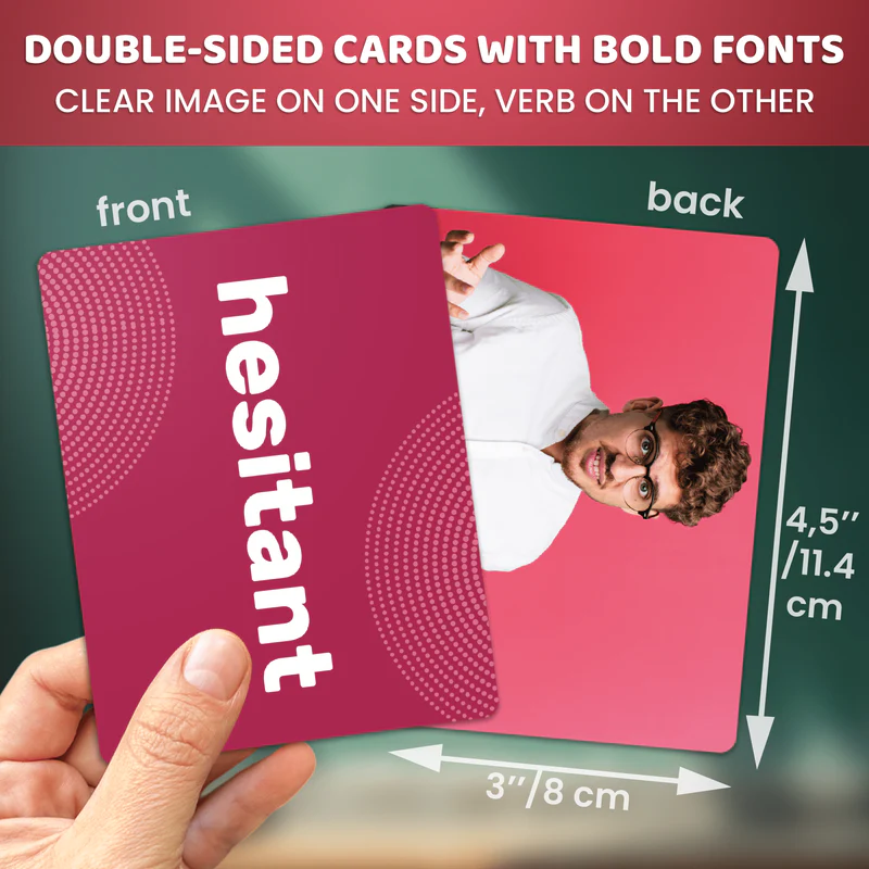 double sided cards show word and a person
