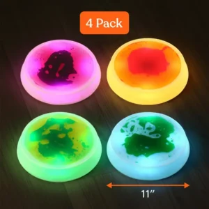 4 pack shown in the dark - lights up pink, yellow, green, blue and is 11" diameter