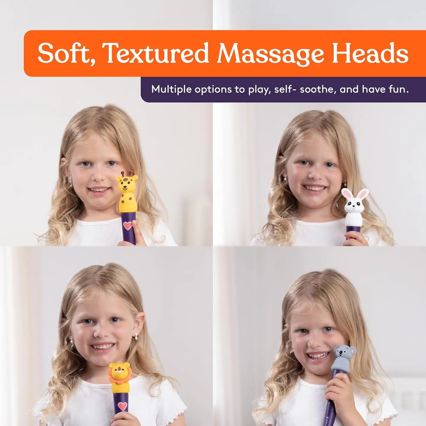 soft textured masssage heads shaped like a giraffe, bunny, lion and koala