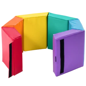 rainbow colored thick mat in trapezoid shaped sections that velcro together in a hexagon shape