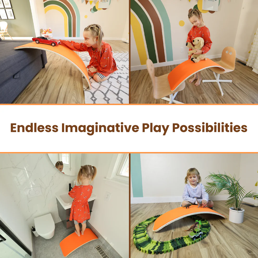 different play possibilities using board as a bridge, or chair