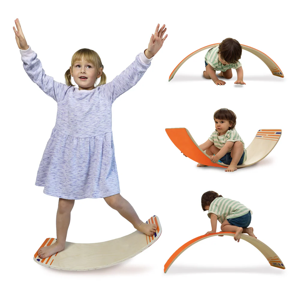 curved board that and be a balance board when curve is up, or climbed on or under when curve is down