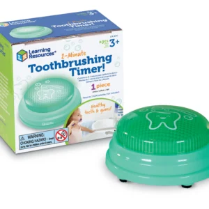 green button with a printed tooth on top