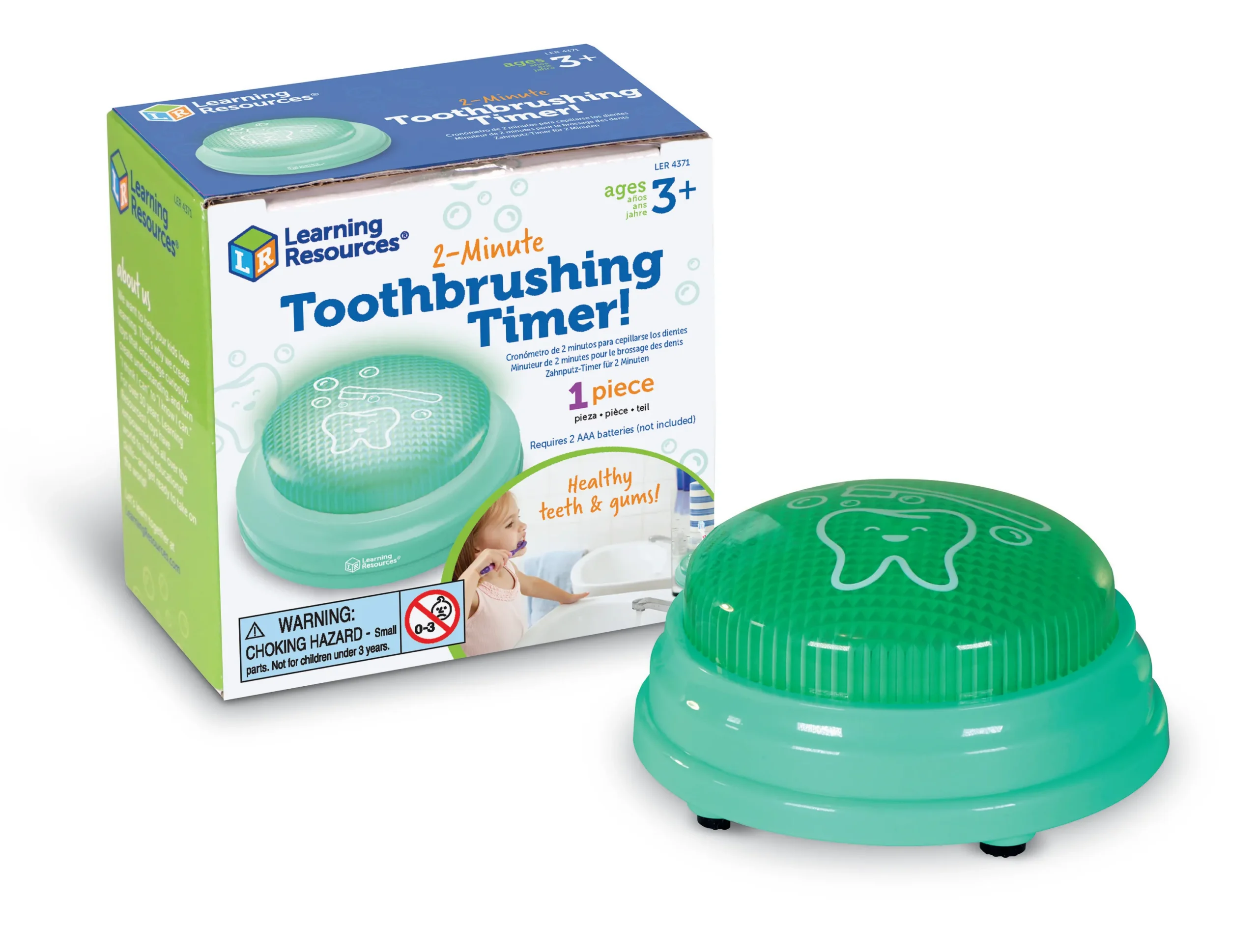 green button with a printed tooth on top